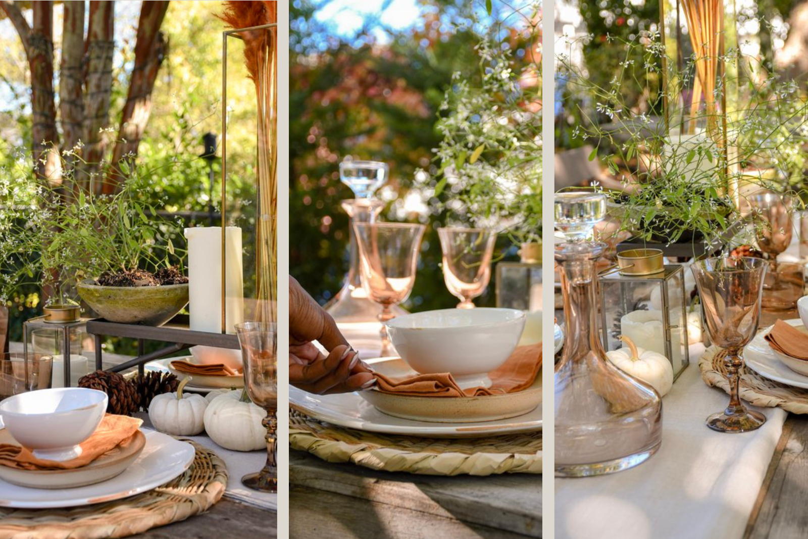 Fall table setting with decorative centerpiece, plates, bowls, decanter, and champagne flutes.