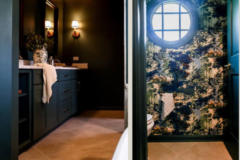 Bathroom designed with a dark color palette.