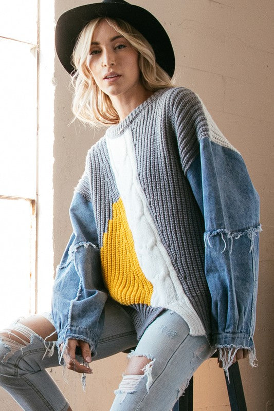 Denim Sleeve Cable Knit Sweater – Rag & Muffin