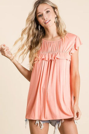 BiBi Jersey Knit Gathered Top with Ruffles - MAKE'M BLUSH