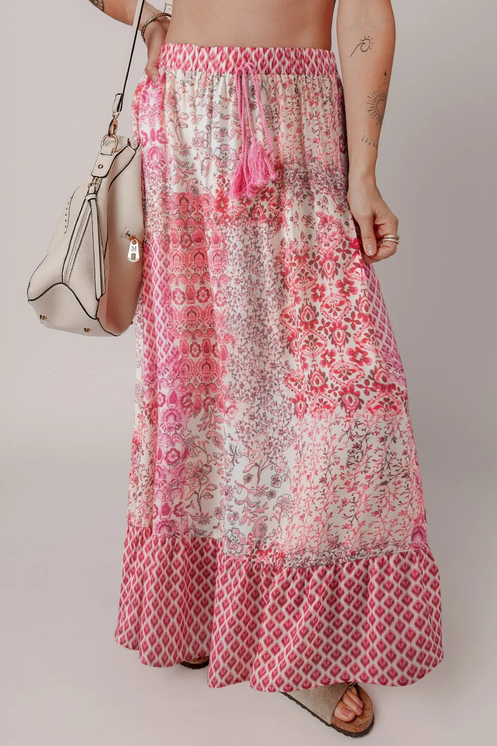 Printed Tassel Drawstring High Waist Maxi Skirt