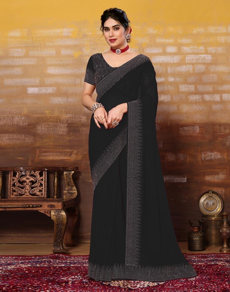 Clothing Fashion Plain Chiffon Black Saree|SARV123333