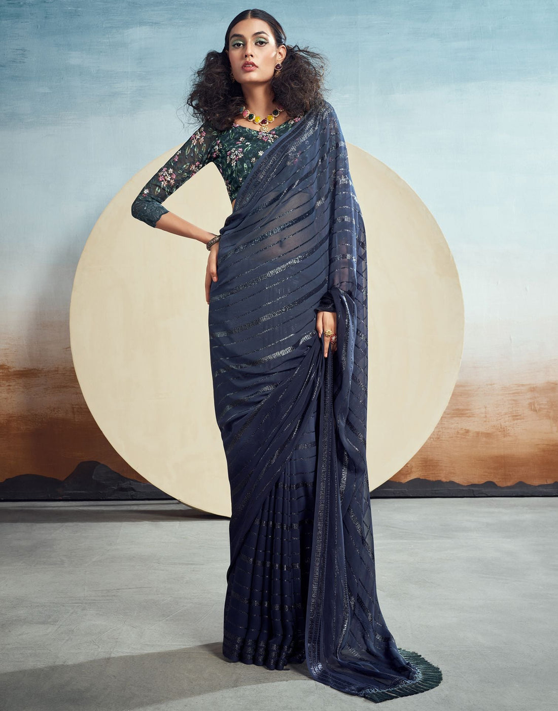 Plain Georgette Saree in Navy Blue : SBY313