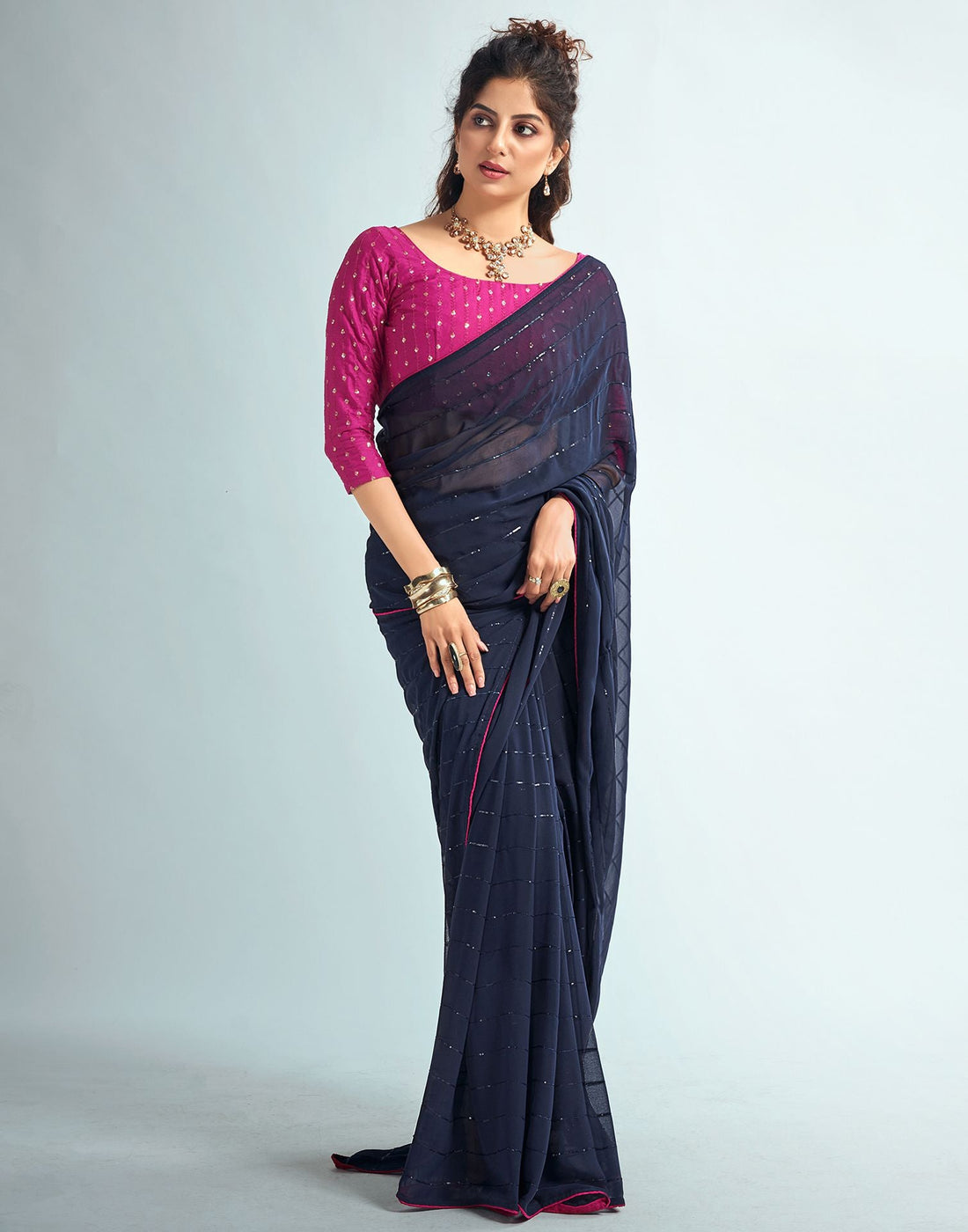 Plain Georgette Saree in Navy Blue : SBY313