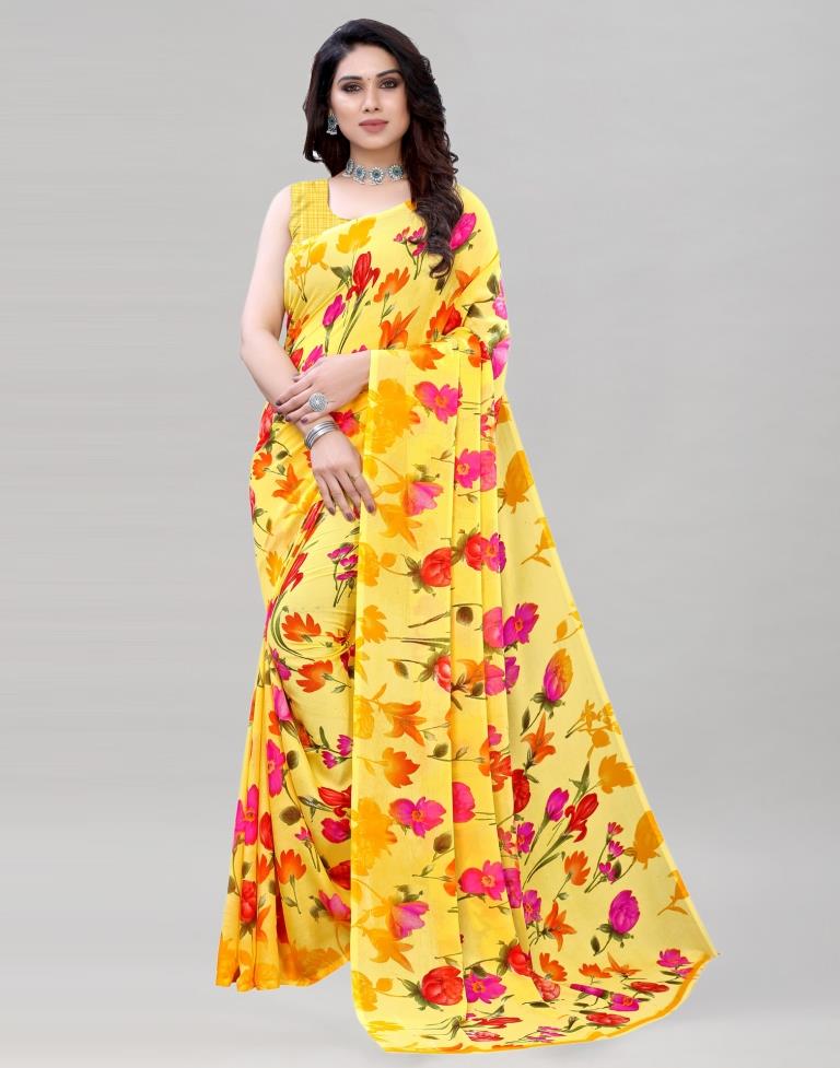 Sparkling Yellow Printed Saree