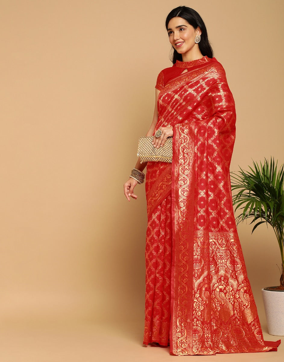 Red Khaddi Georgette Banarasi Saree - Gold Zari at Rs 11999.00 | Varanasi|  ID: 27266509062