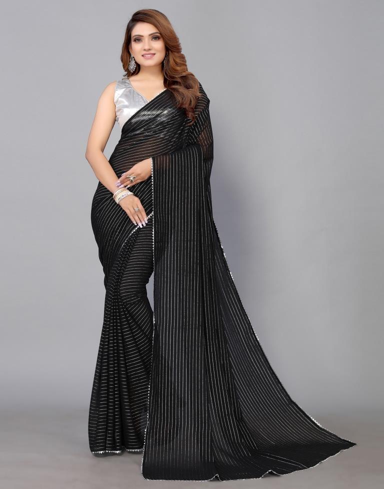 Buy Black Linen Saree With Silver Readymade Stitched Blouse