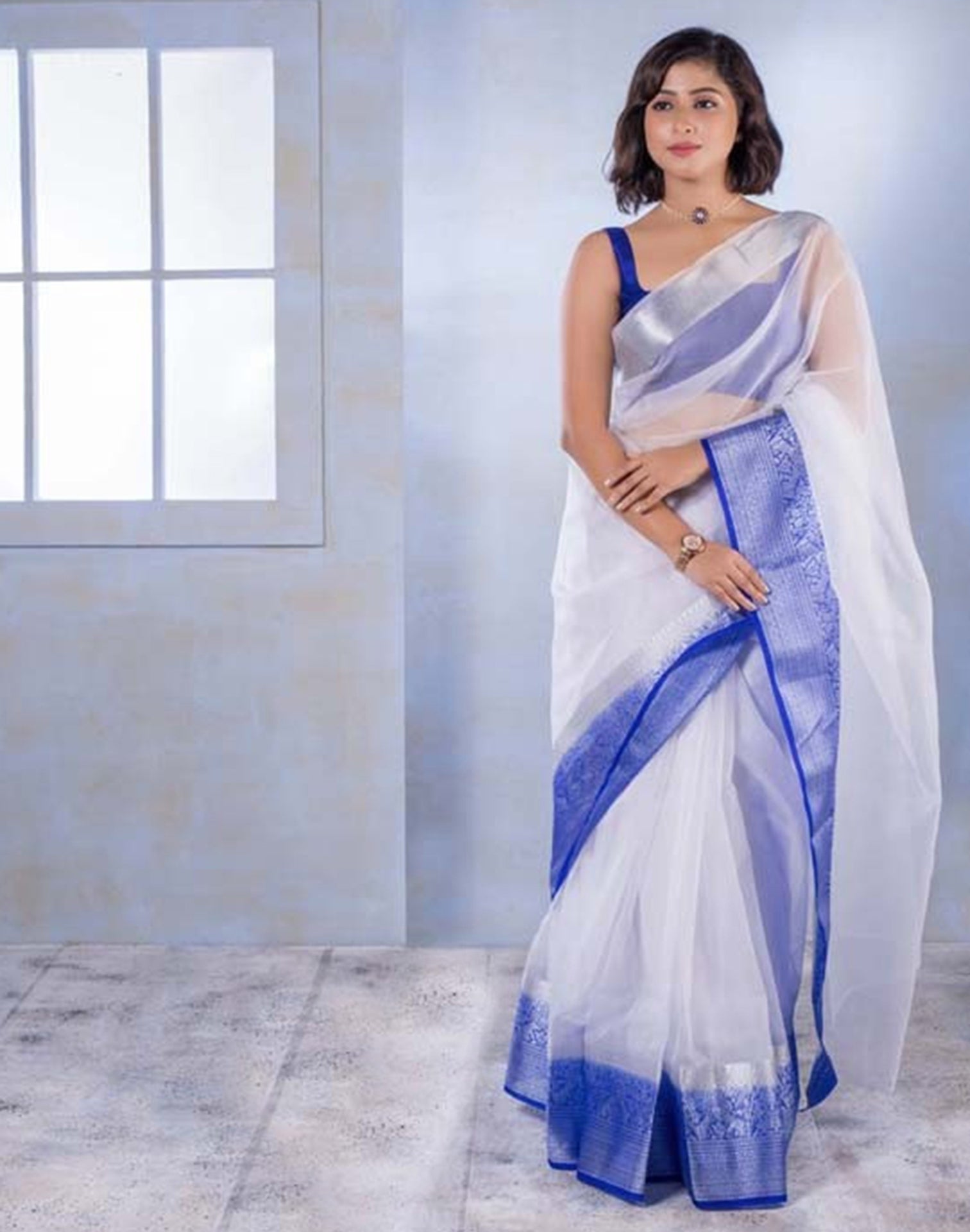 Princess White Hand-Embroidered Organza Saree