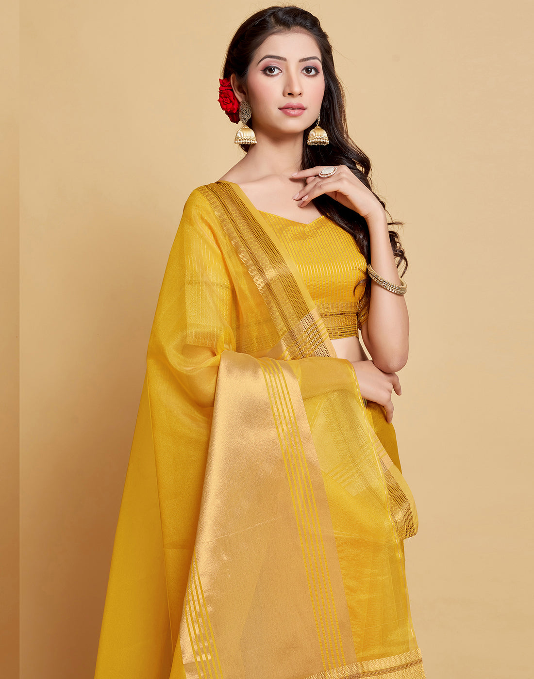 Latest Yellow Color Original Organza With Sequence Work Trendy Saree