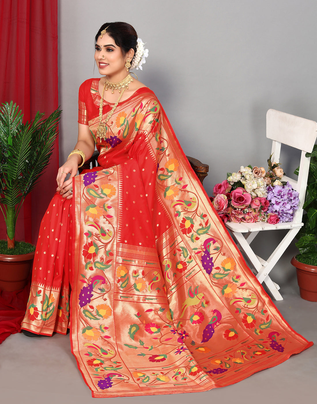 Cornell Red Traditional Paithani Silk Saree With Zari Weaving