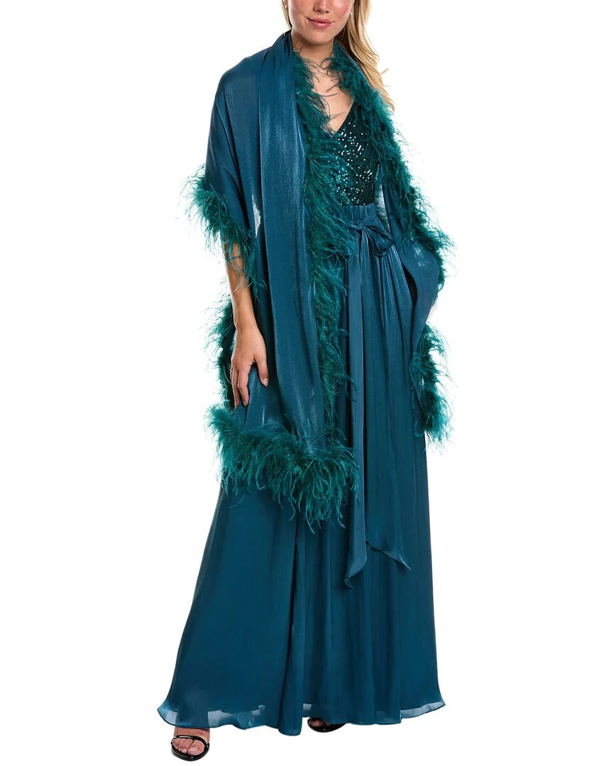 Badgley Mischka Feather Wrap SEQUIN Gown