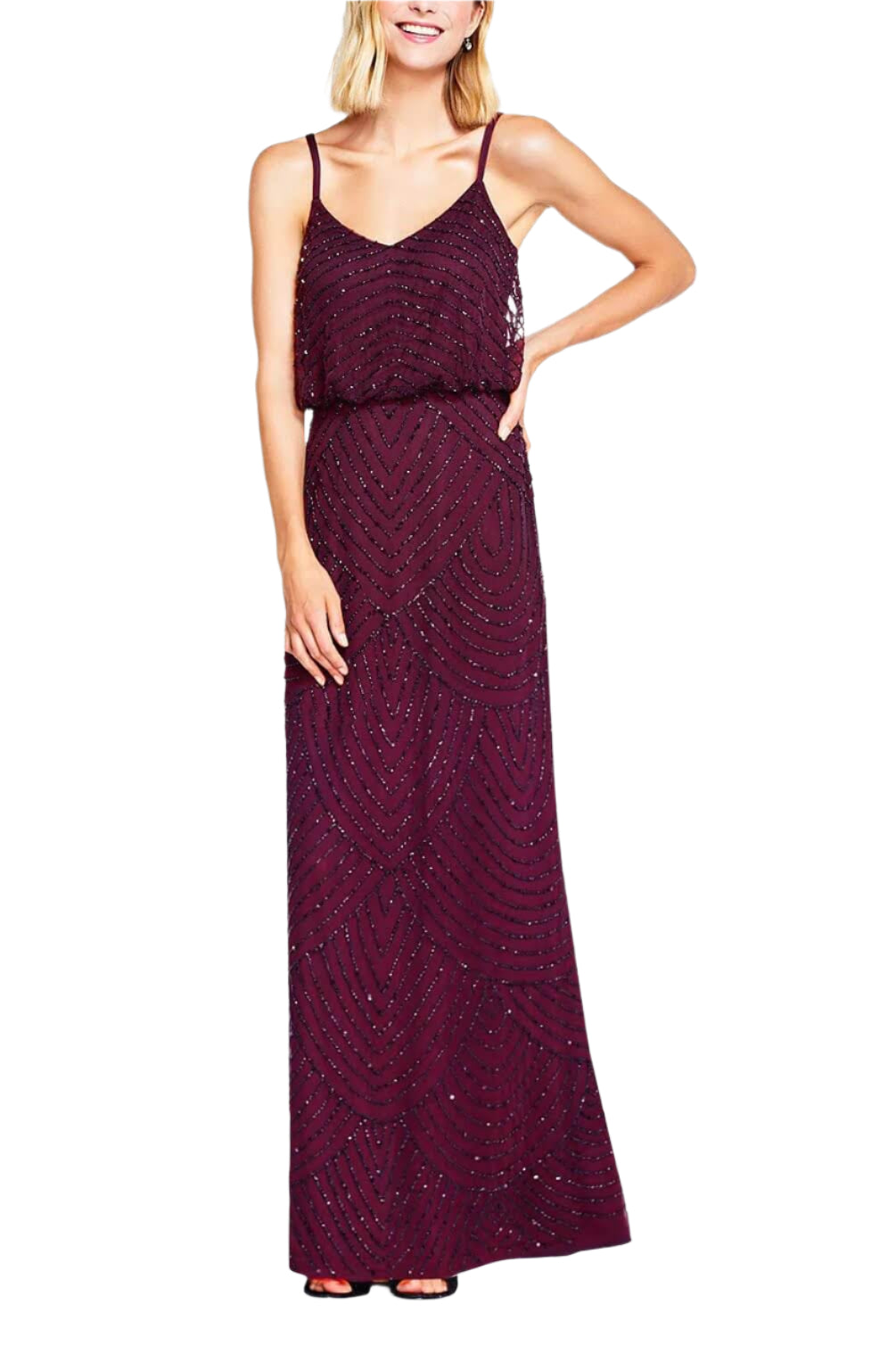 Adrianna Papell Spaghetti STRAP Zipper Back Blouson Embellished Mesh Dress