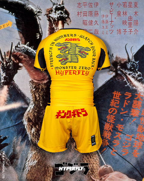 Godzilla Hyperfly King Ghidorah rash guard and shorts set back