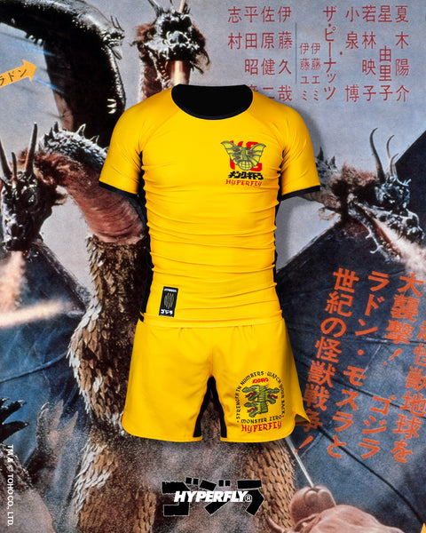 Godzilla Hyperfly King Ghidorah rash guard and shorts set front