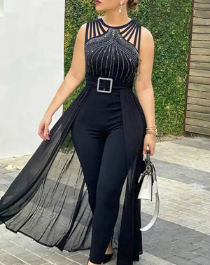 Elegant Jumpsuit for Women Party Summer Casual Rhinestone Sheer Mesh Sleeveless Jumpsuits Skinny Outfits Fashion Ladies Suit - Shebeautify