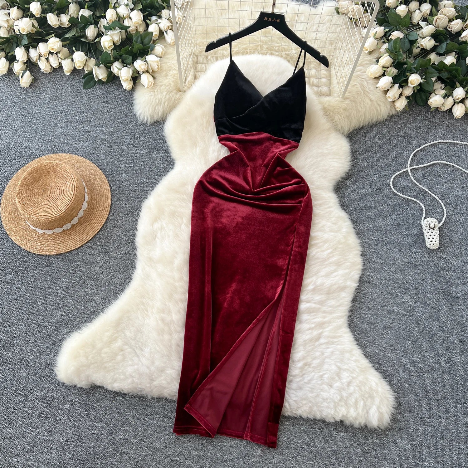Color Block Velvet Bodycon Dress with Long Sleeves - Image 30