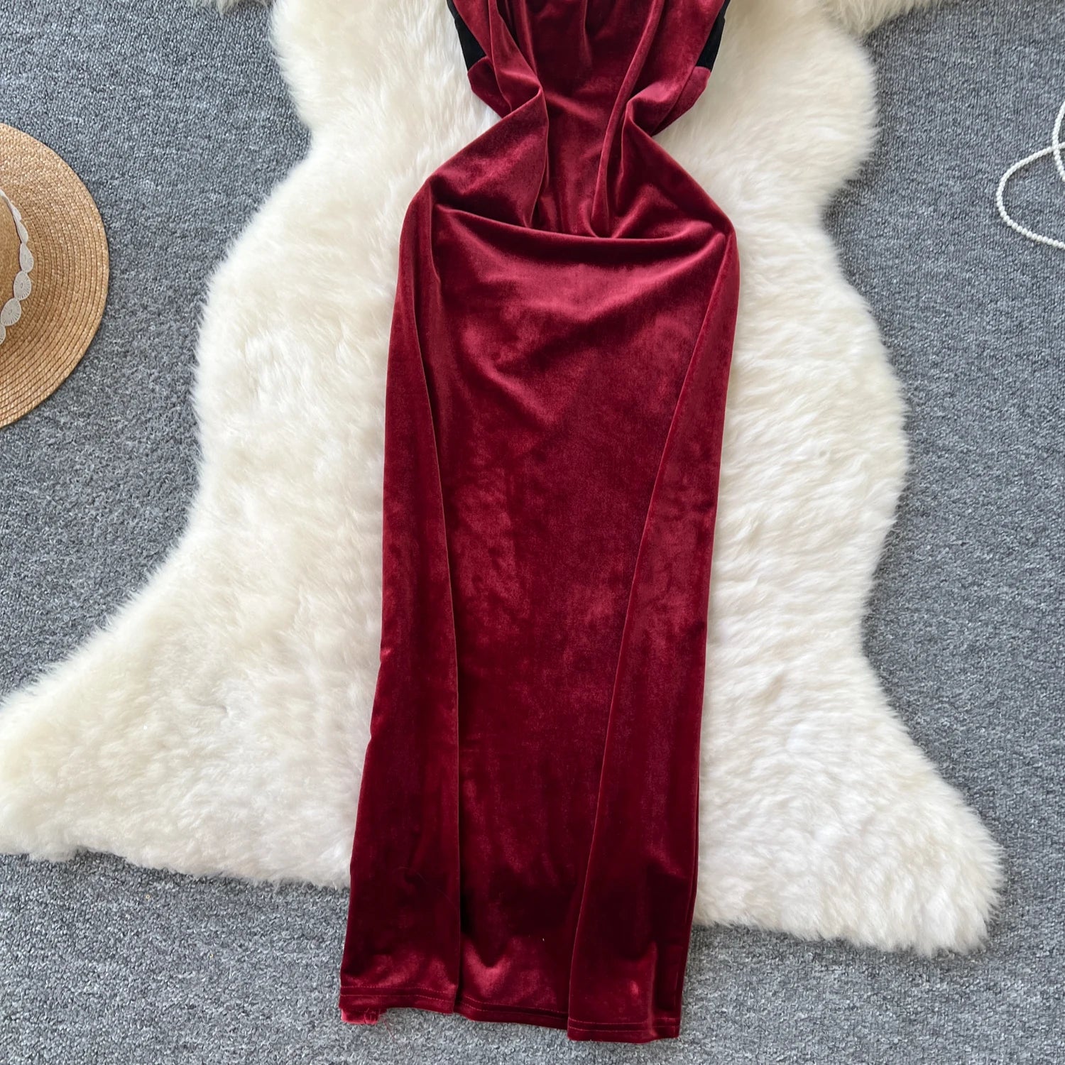 Color Block Velvet Bodycon Dress with Long Sleeves - Image 19