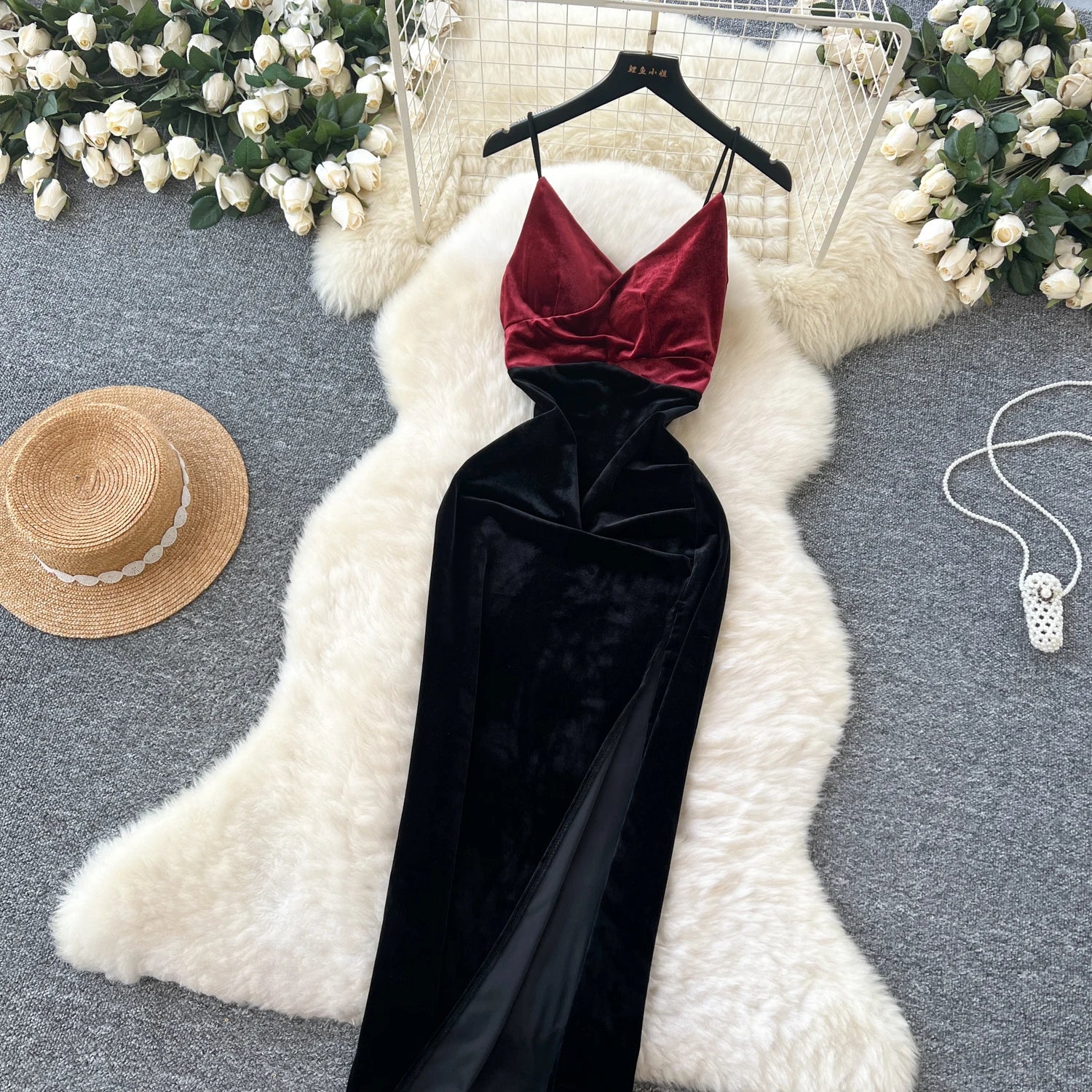 Color Block Velvet Bodycon Dress with Long Sleeves - Image 31