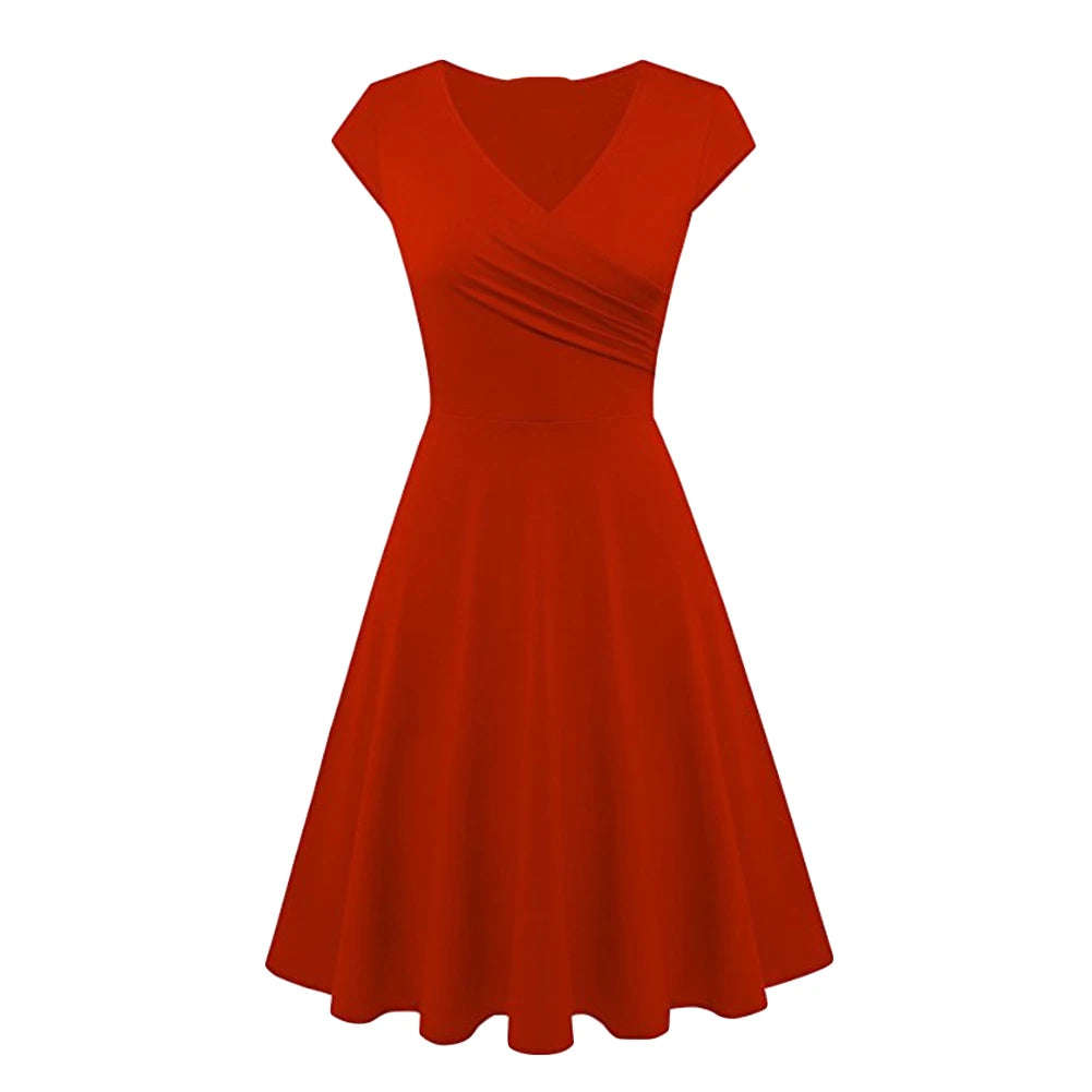 Elegant Solid Color V-Neck Swing Dress for Women - Image 23