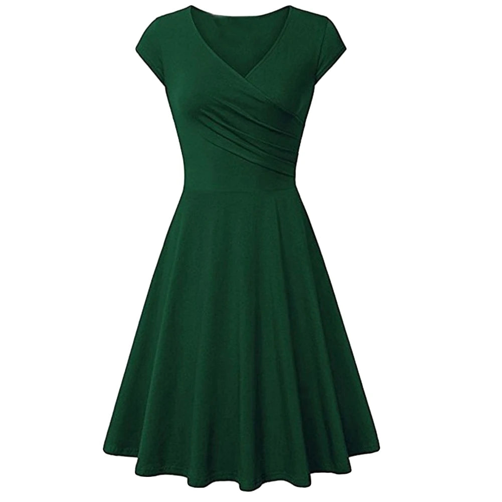 Elegant Solid Color V-Neck Swing Dress for Women - Image 35