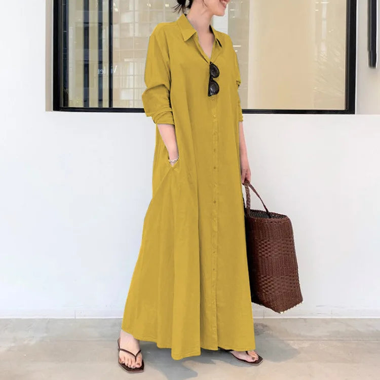 Casual Solid Color Lapel Long Sleeve Pocket Shirt Dress - Image 18