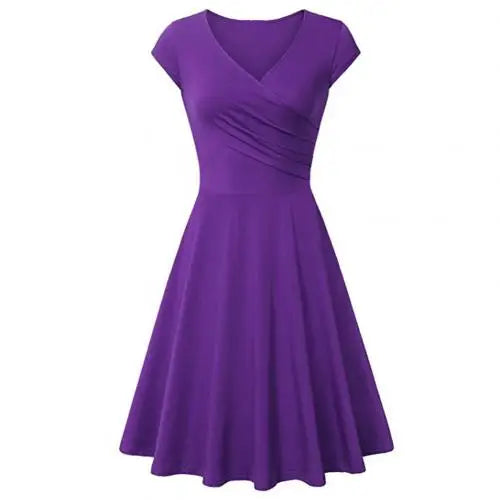 Elegant Solid Color V-Neck Swing Dress for Women - Image 16