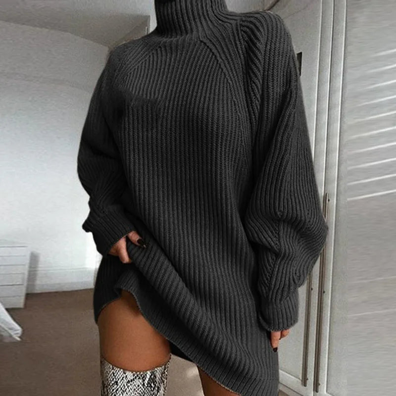 Elegant Women's Knitted Turtleneck Mini Sweater Dress - Image 13