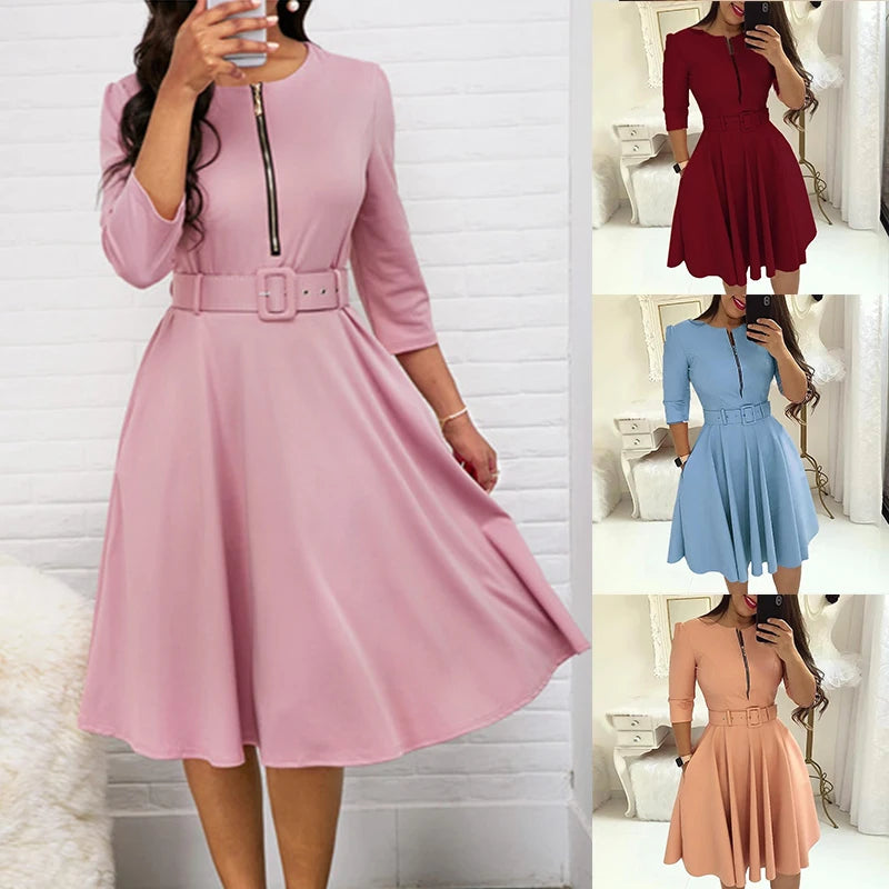 Chic Solid Half Sleeve Midi Dress for Elegant Women - Image 12