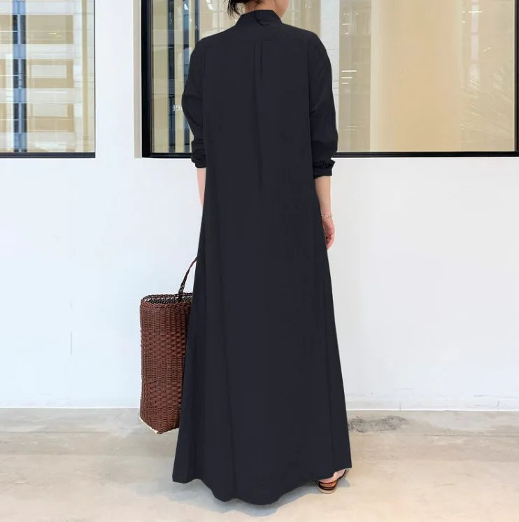 Casual Solid Color Lapel Long Sleeve Pocket Shirt Dress - Image 14