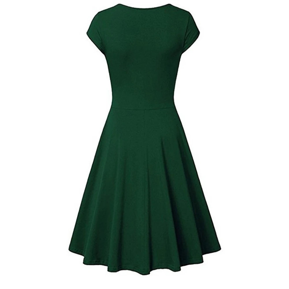 Elegant Solid Color V-Neck Swing Dress for Women - Image 36