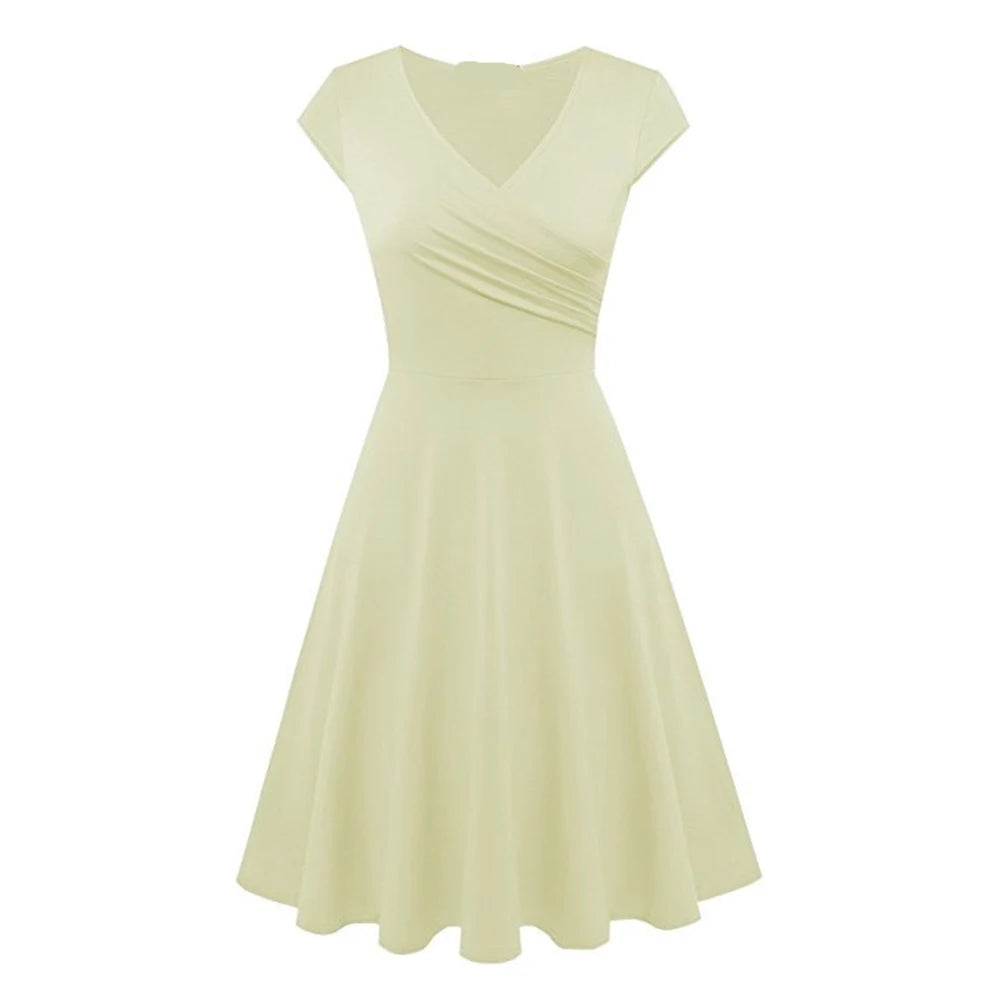 Elegant Solid Color V-Neck Swing Dress for Women - Image 28