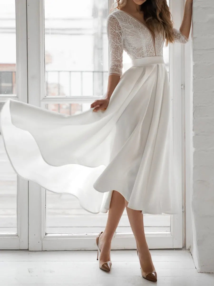 Chic White Backless Deep V-Neck Midi Dress - Image 5