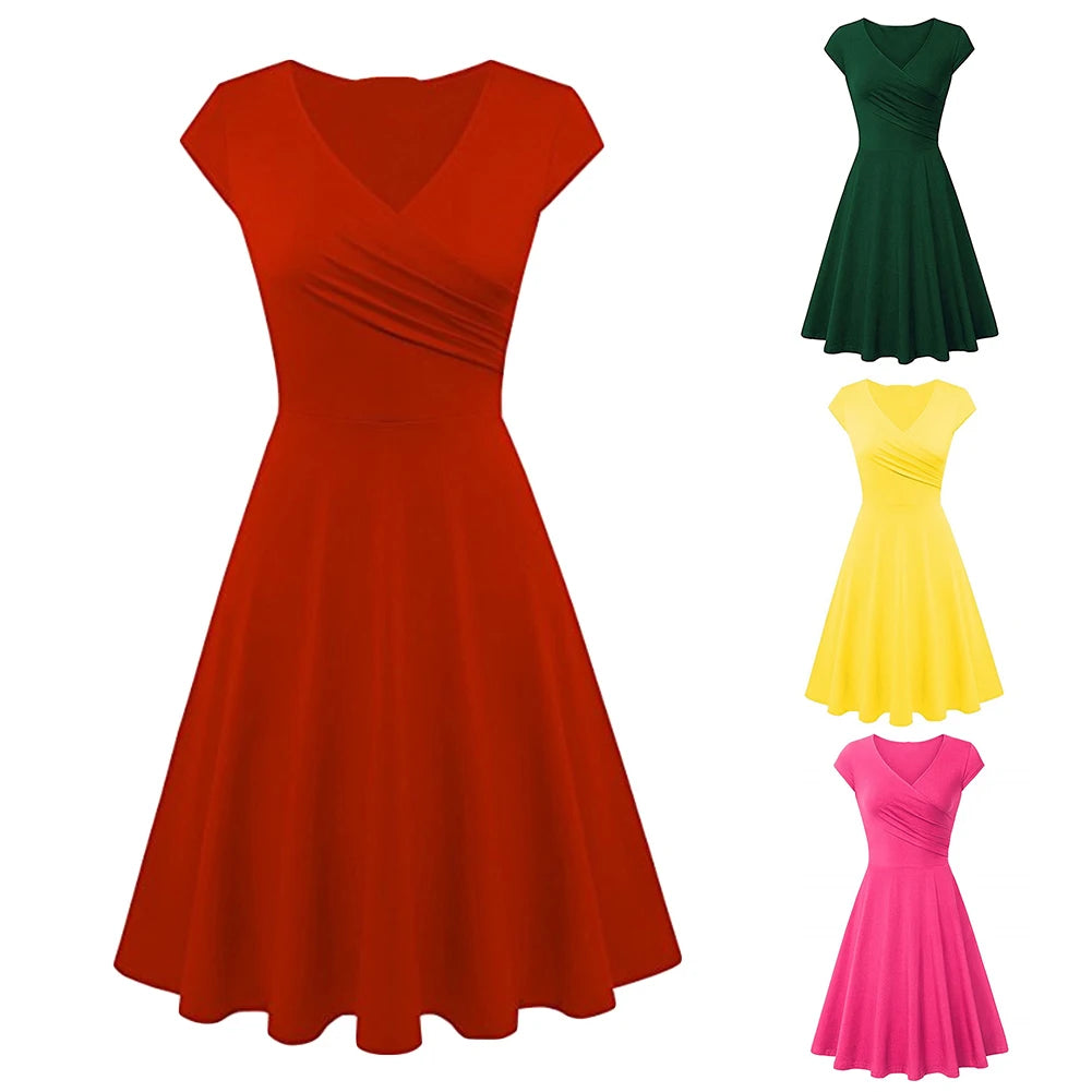 Elegant Solid Color V-Neck Swing Dress for Women - Image 11