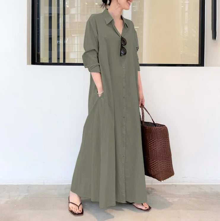 Casual Solid Color Lapel Long Sleeve Pocket Shirt Dress - Image 10