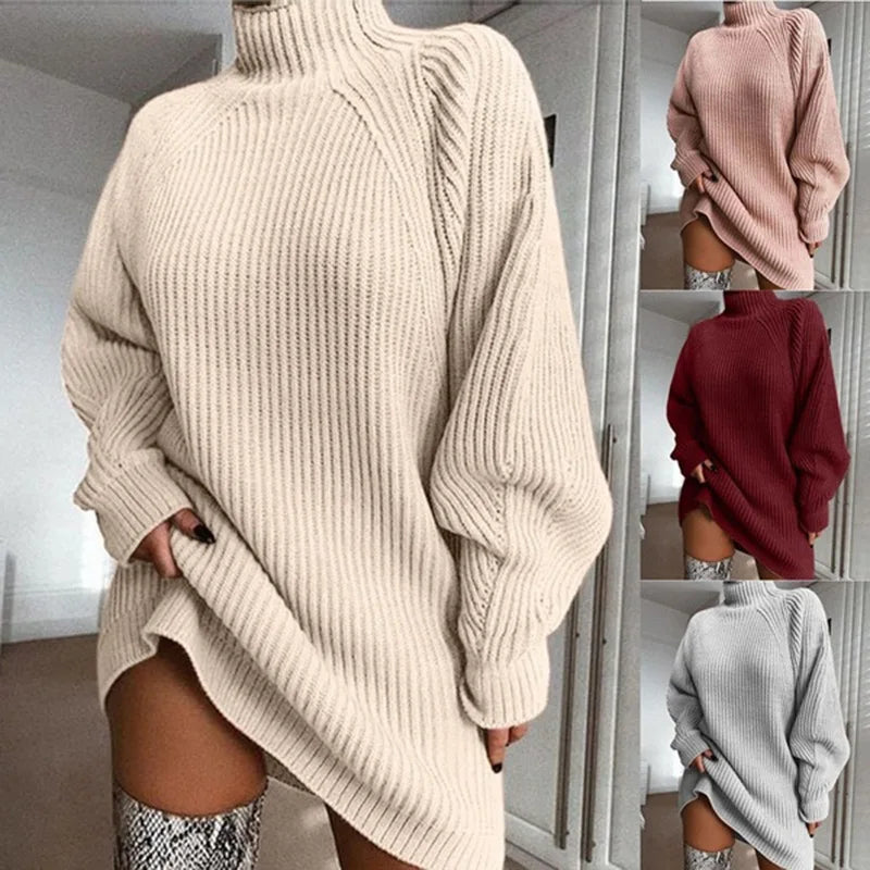 Elegant Women's Knitted Turtleneck Mini Sweater Dress - Image 7