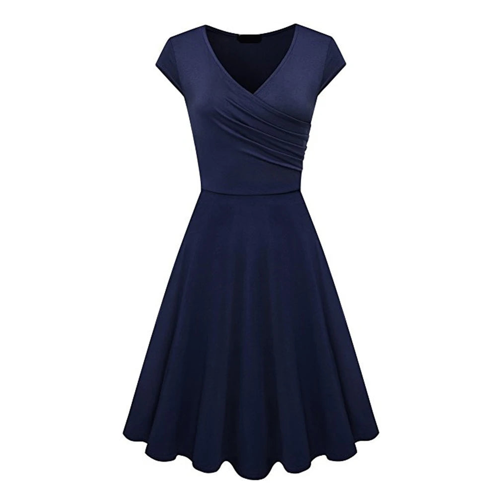 Elegant Solid Color V-Neck Swing Dress for Women - Image 10