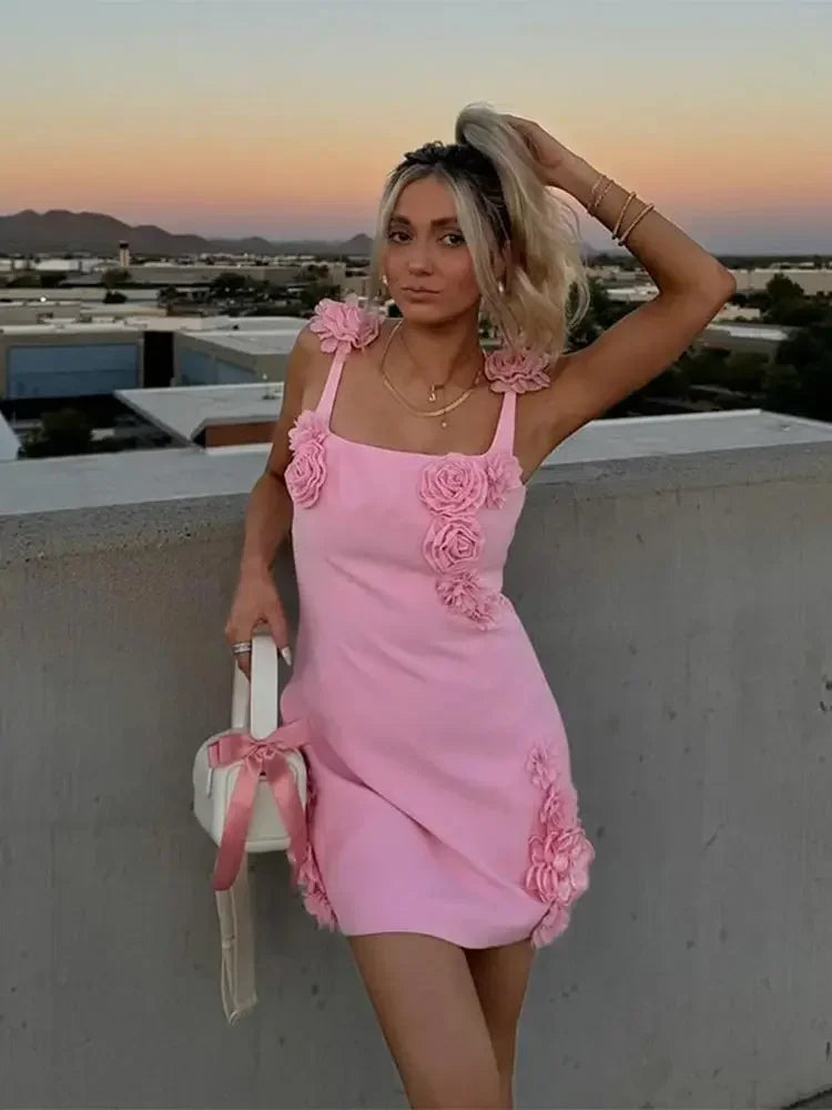 Chic High Waist Pink 3D Flower Mini Dress - Image 3
