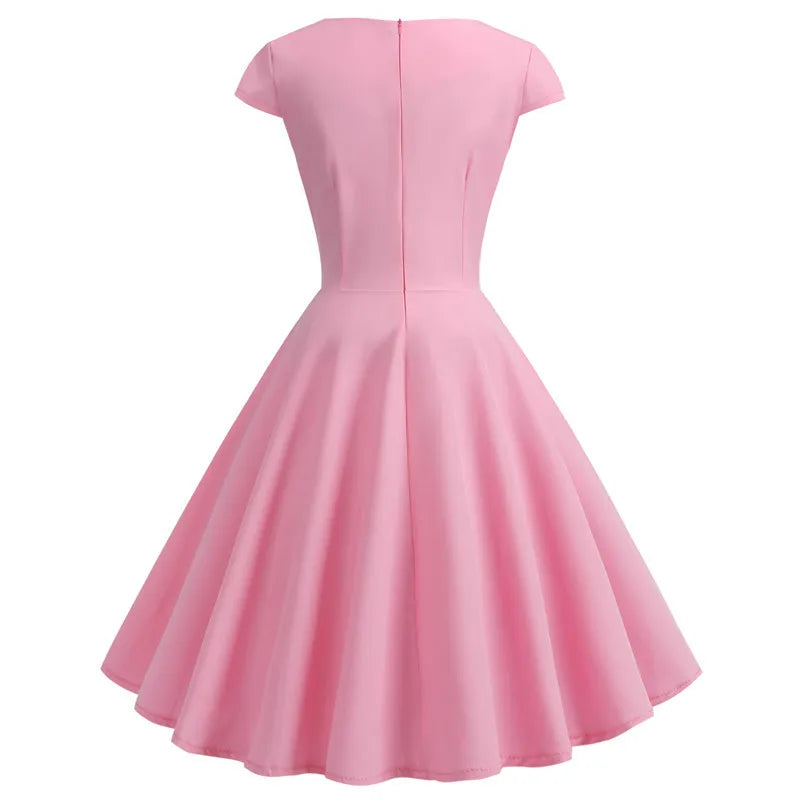 Elegant Pink V-Neck Midi Swing Dress for Women - Image 3