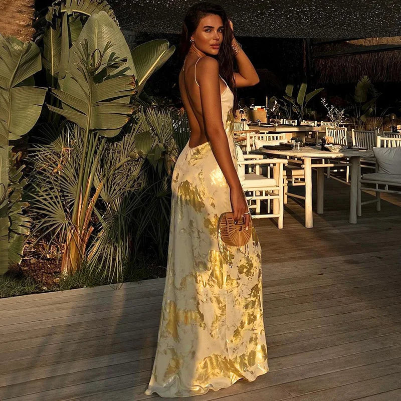 Elegant Gold Foil Bodycon Maxi Dress for Parties - Image 10