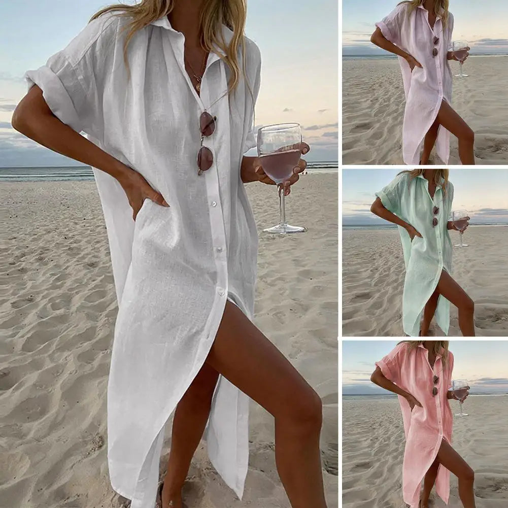 Women's Summer Cotton Linen Short Sleeve Beach Dress - Image 3