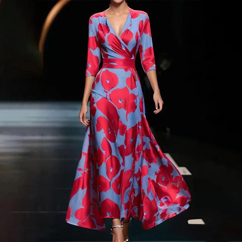 Floral Print Deep V Neck Boho A-Line Dress