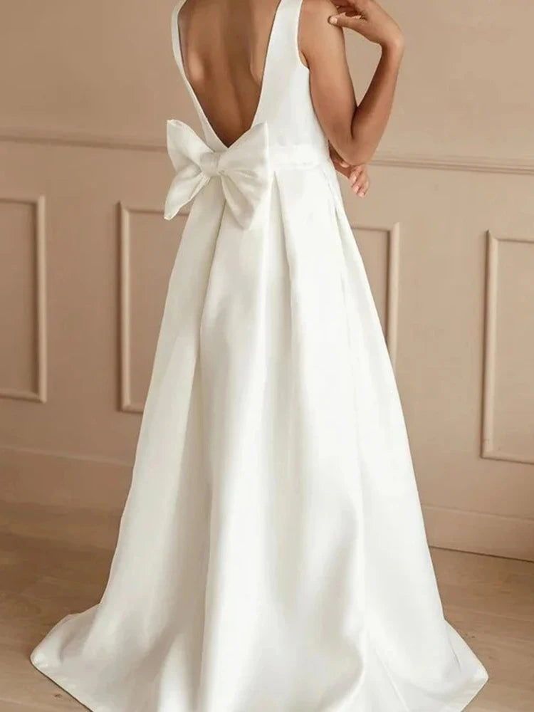 White Backless Flower Girl Dress with Bow - Floor Length - Image 4