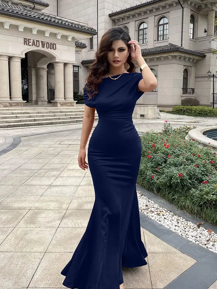 Elegant Pleated Oblique Shoulder Maxi Dress for Women - Image 31