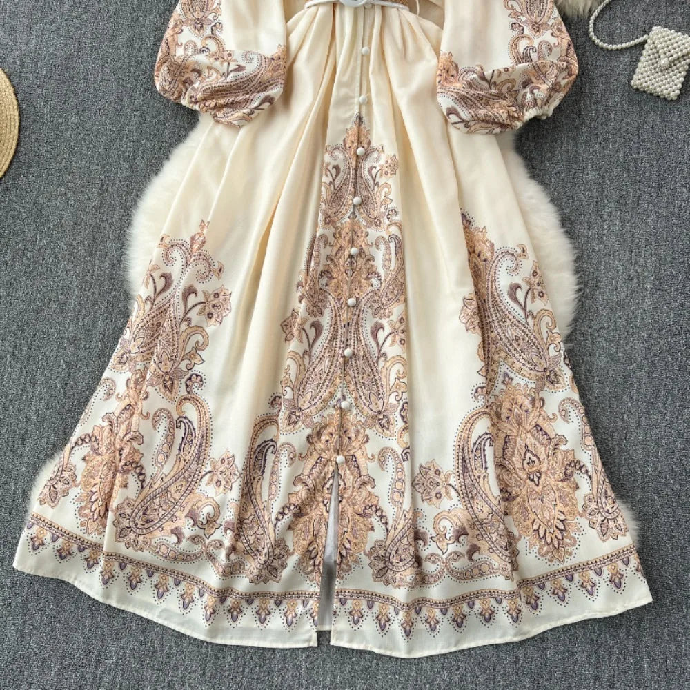 Elegant V-Neck Lantern Sleeve Vintage Dress with Belt - Image 11
