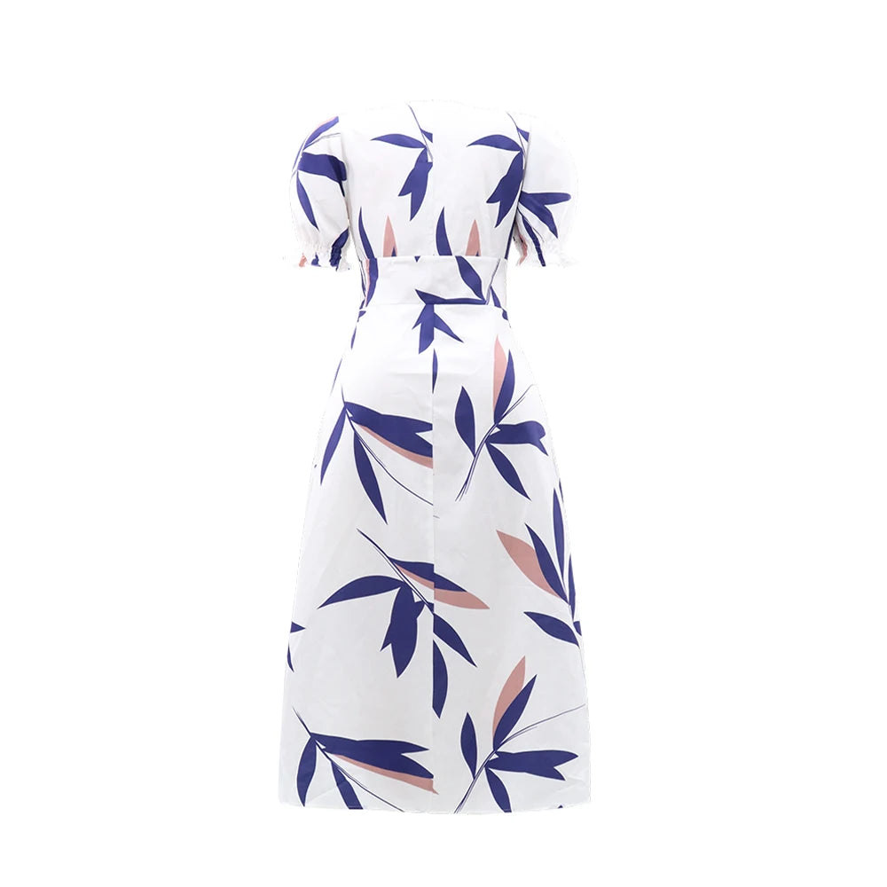 Elegant Leaves Print V-Neck A-Line Dress for Spring - Image 5