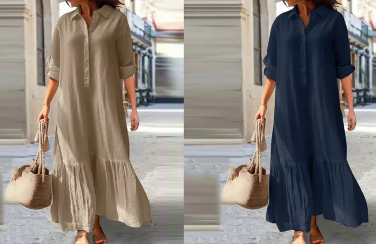 Women's Casual Cotton Linen Long Sleeve Ruffled Dress - Image 13