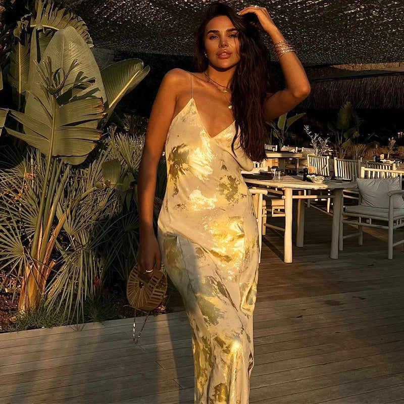 Elegant Gold Foil Bodycon Maxi Dress for Parties - Image 5