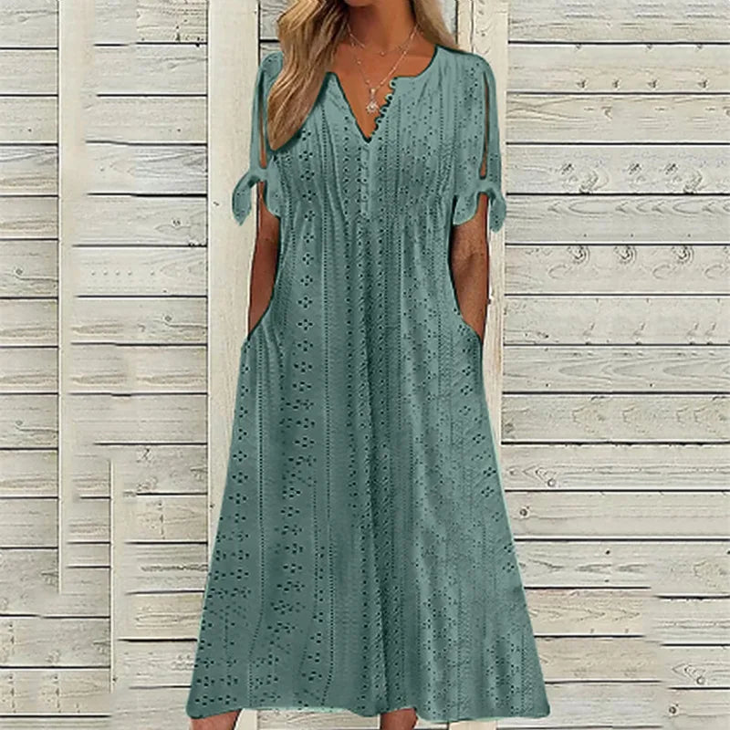 Chic Hollow Out V-Neck Lace Ruffle Long Summer Dress - Image 16