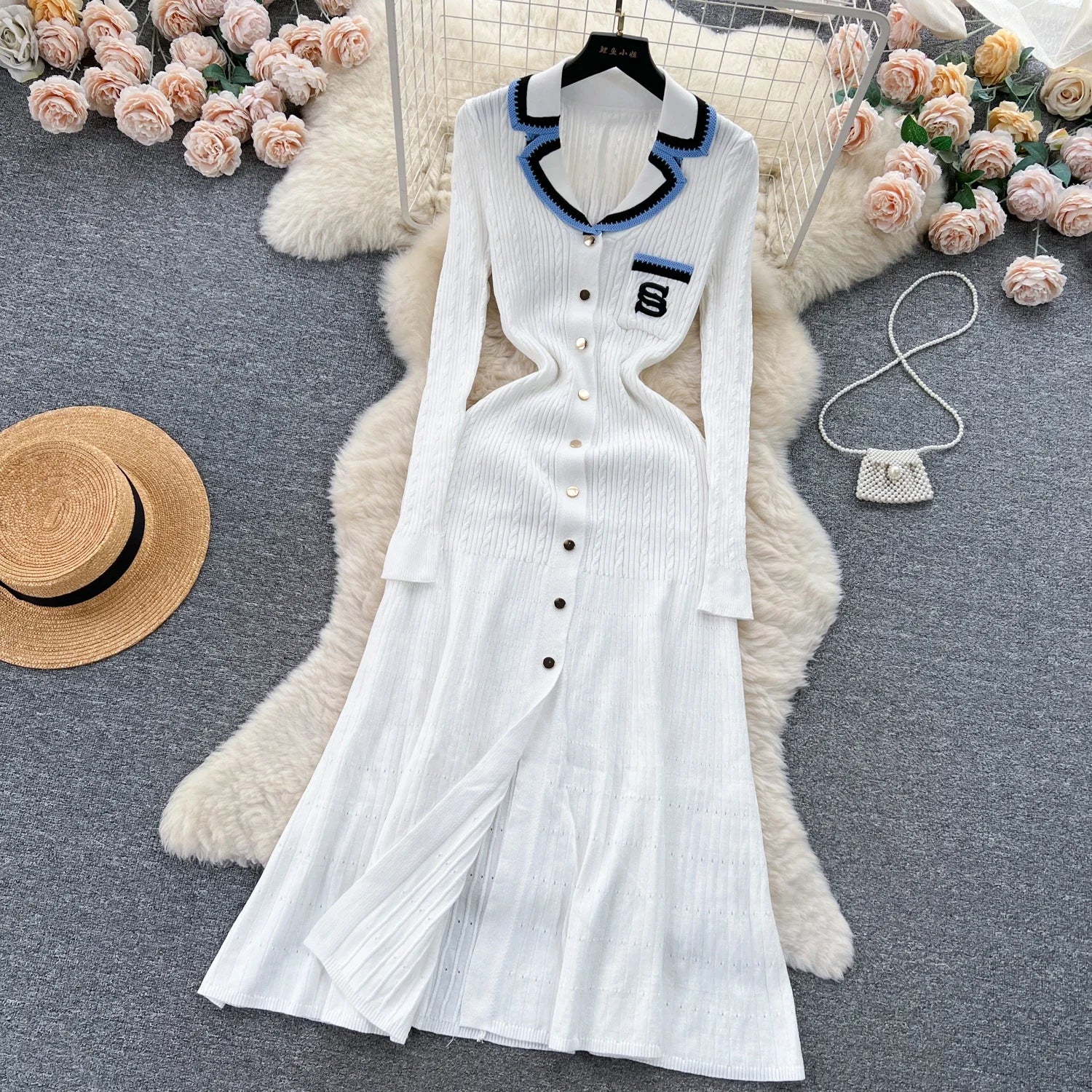 Elegant V-Neck Knitted Dress for Women - Long Sleeve A-Line - Image 26