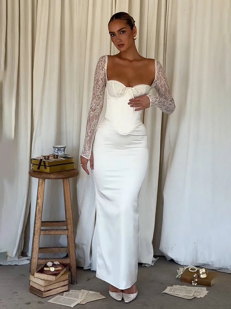 White Backless Lace Maxi Dress with Square Collar - Image 13